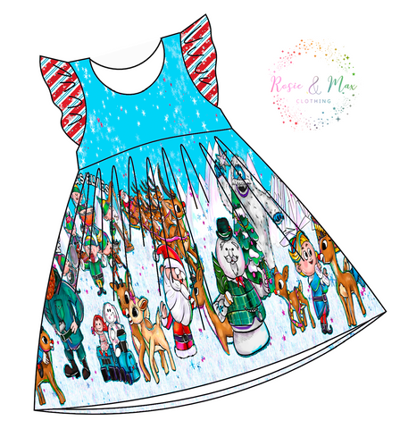 PREORDER - Red Nosed Reindeer - Blue - Border Dress