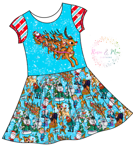 PREORDER - Red Nosed Reindeer - Blue - Isla DRESS w/panel