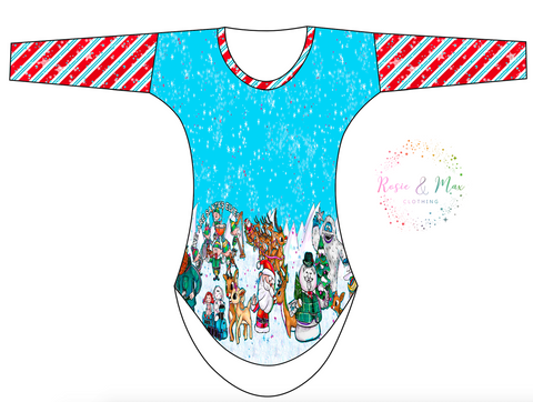 PREORDER - Red Nosed Reindeer - Blue  - Border - Womens Curved Hem TOP